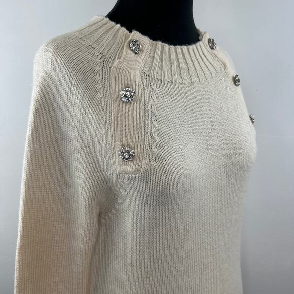 NWT J.CREW Natural Cream Crewneck Sweater Rhinestone Jewel Button Wool Blend XS - Picture 5 of 12